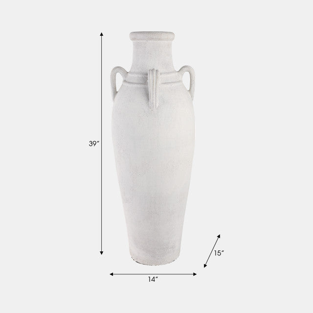 39” Terracotta Floor Vase W/handles, Ivory