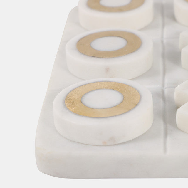 8x8" Marble Tic-tac-toe Brass Inlay, White/gold