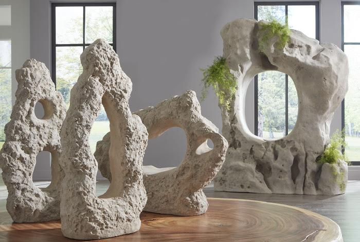 Cast Stone Table Top Sculpture, Double Hole, Roman Stone