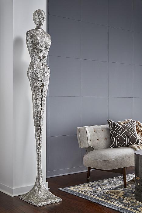Tall Chiseled Female Sculpture, Resin, Silver Leaf