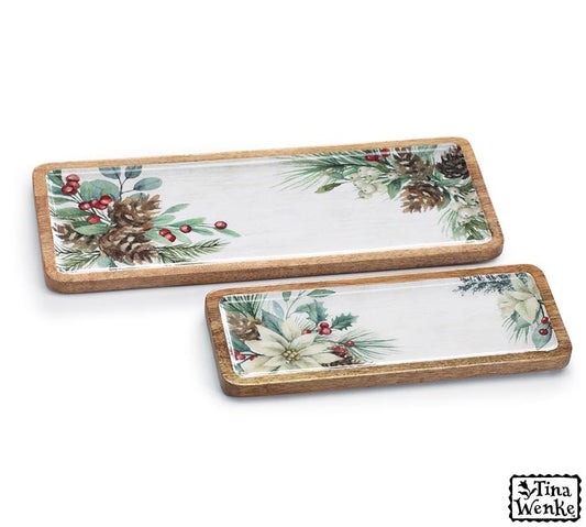 NESTED MANGO WOOD POINSETTIA TRAYS Set of 2