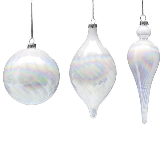 WHITE SWIRL ORNAMENTS ASTD SET OF 3