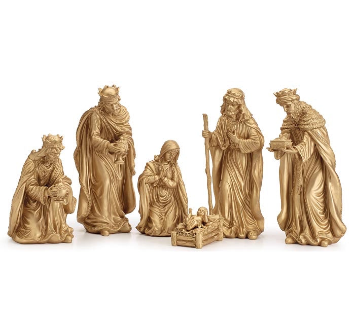 LARGE 6 PIECE ANTIQUE GOLD RESIN NATIVITY SET