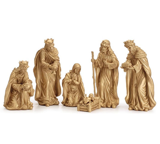 LARGE 6 PIECE ANTIQUE GOLD RESIN NATIVITY SET