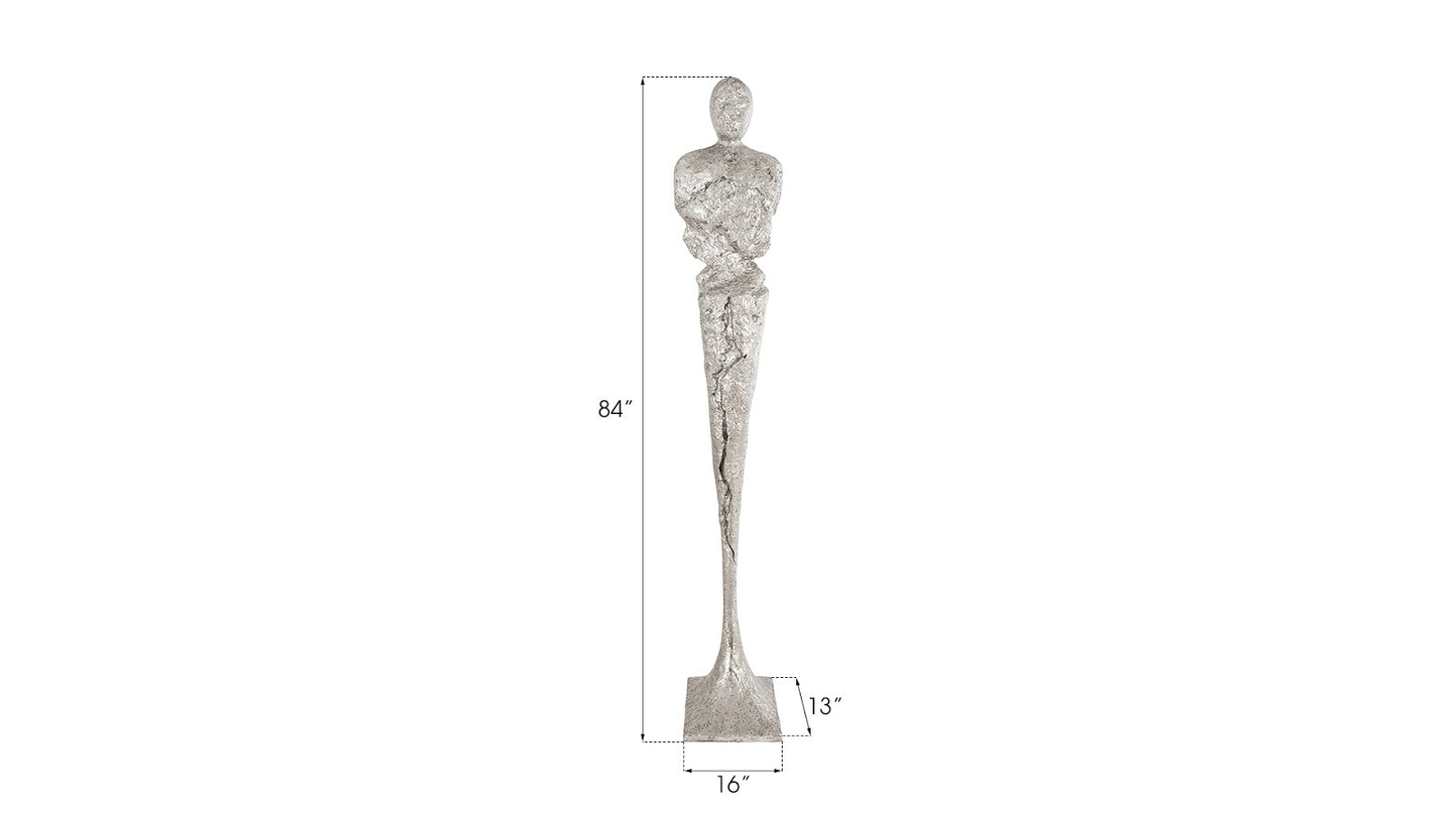 Tall Chiseled Male Sculpture Resin, Silver Leaf