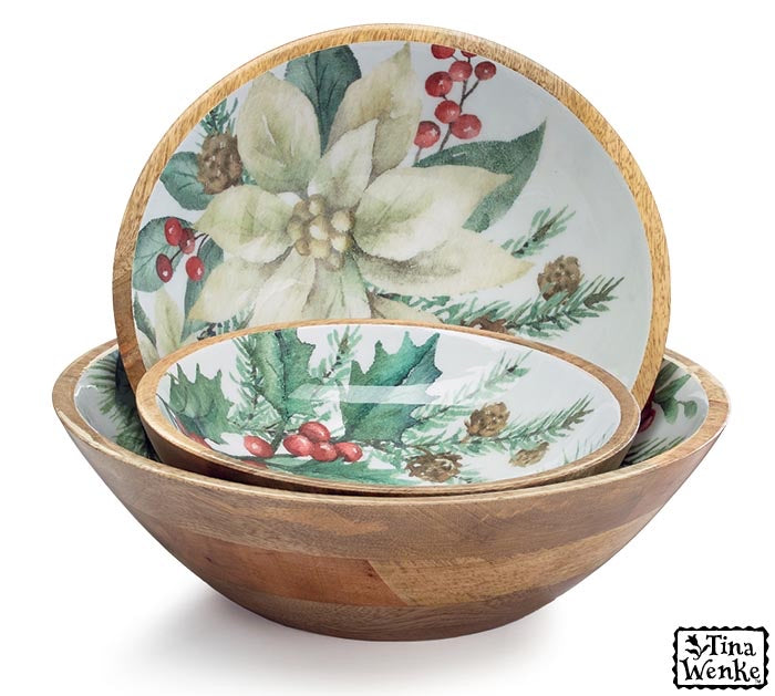 POINSETTIA MANGO WOOD BOWL NESTED SET of 3 pcs