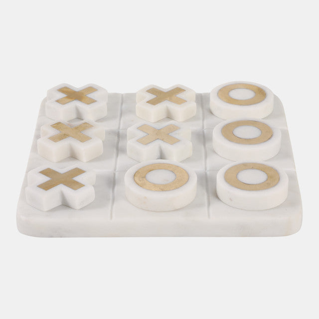 8x8" Marble Tic-tac-toe Brass Inlay, White/gold