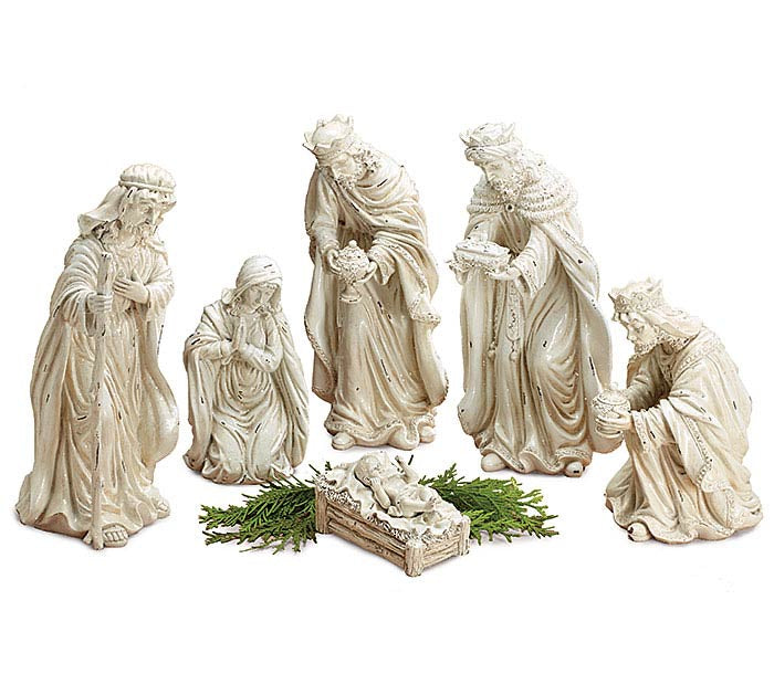 LARGE 6 PIECE DISTRESSED WHITE NATIVITY SET