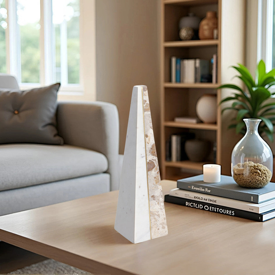 14" Pompano Small Beige and White Marble Pyramid